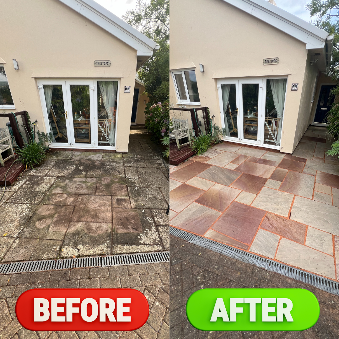Patio pressure washing Exmouth – Indian sandstone restored before and after