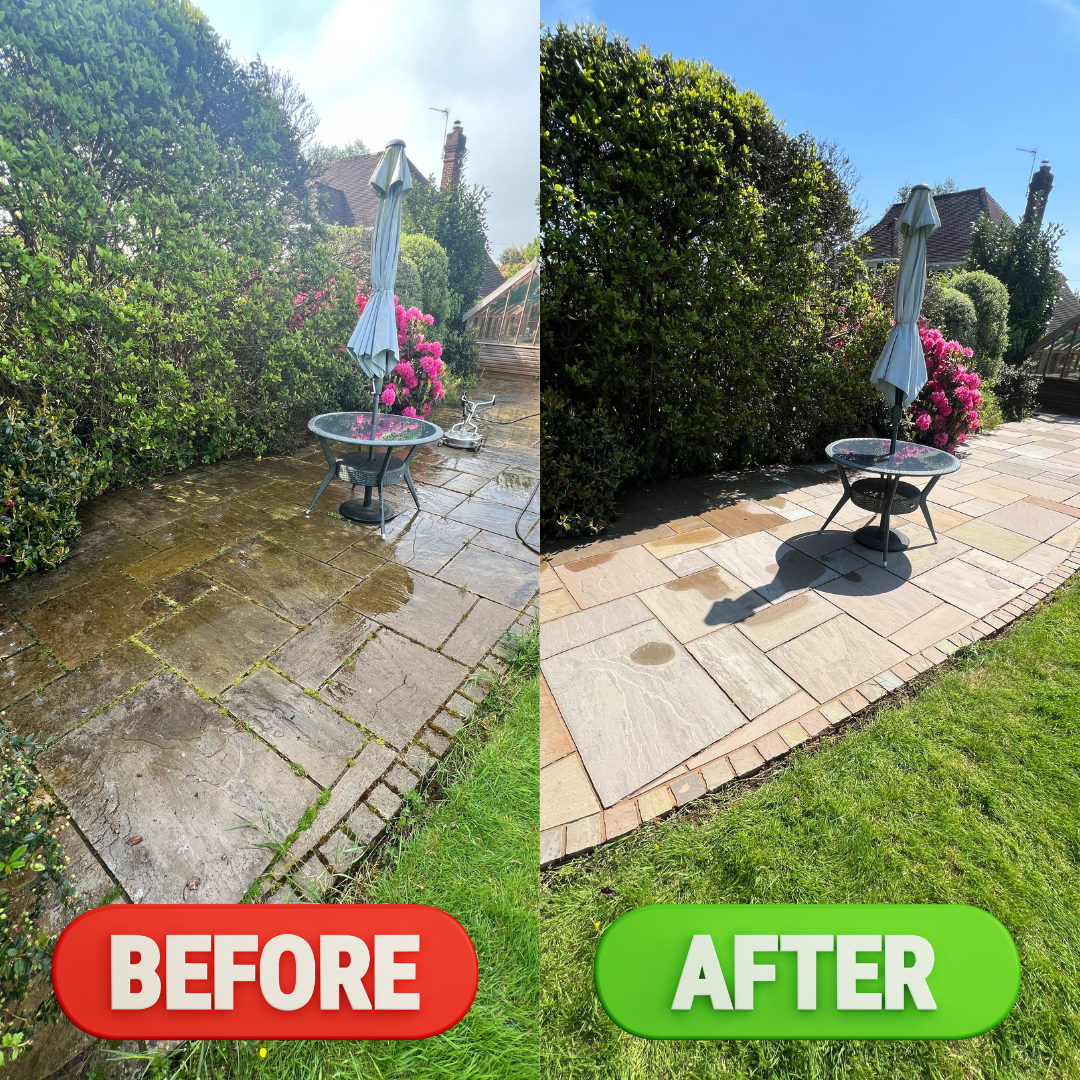 Patio pressure washing Exmouth – Indian sandstone garden patio before and after restoration