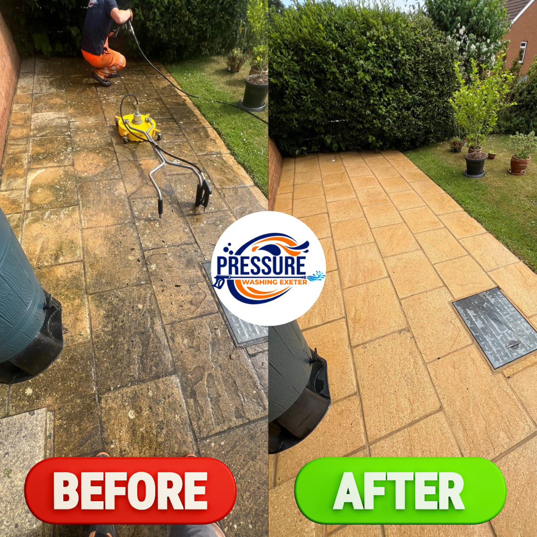 Patio pressure washing Exmouth – sandstone steps and patio restored